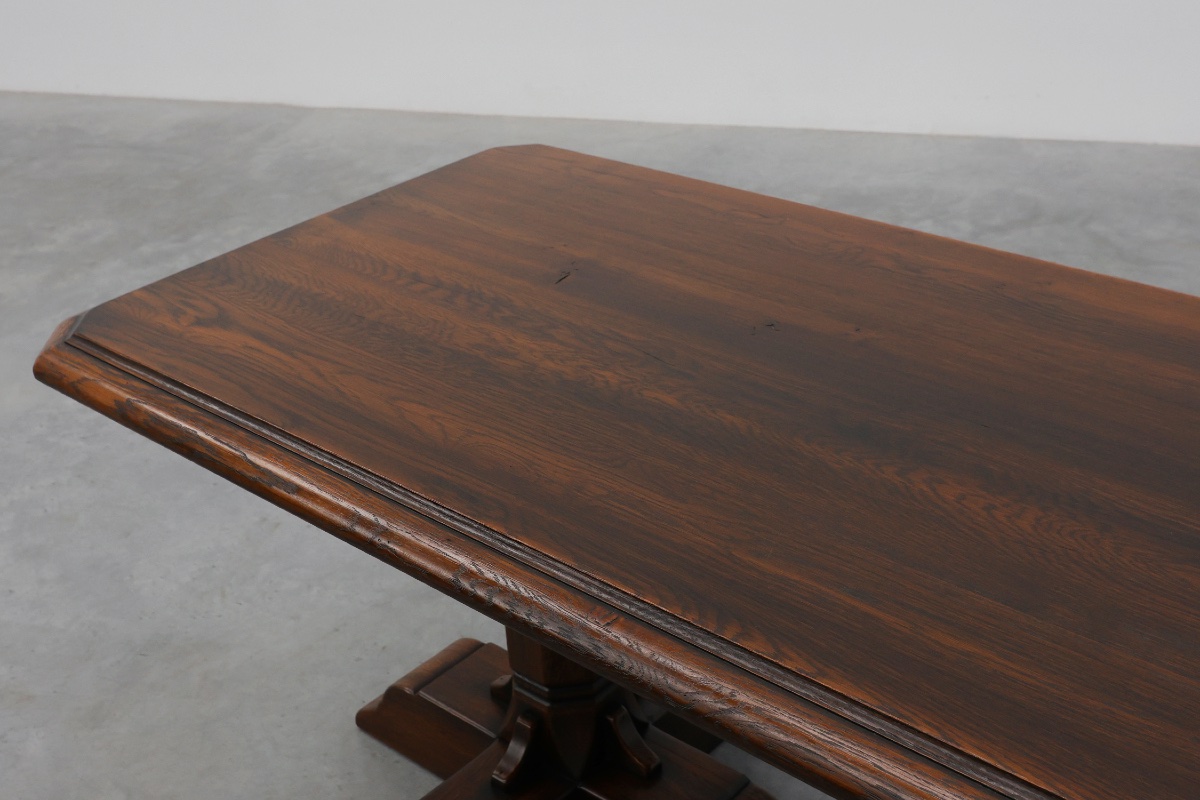 French Refectory Style Oak Dining Table With Turned Double Pedestal Base, 20th Century-photo-3