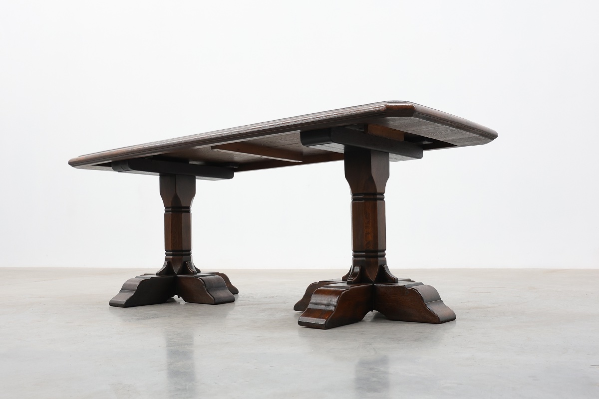 French Refectory Style Oak Dining Table With Turned Double Pedestal Base, 20th Century-photo-5
