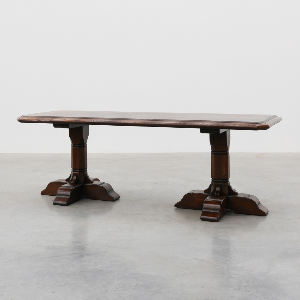 French Refectory Style Oak Dining Table With Turned Double Pedestal Base, 20th Century