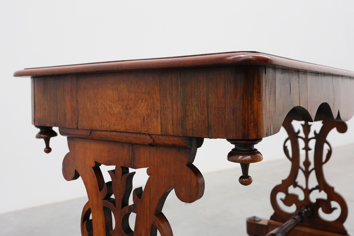 Victorian Walnut Side Table With Inlaid Top And Pierced Scroll Ends, England, Circa 1870-photo-3