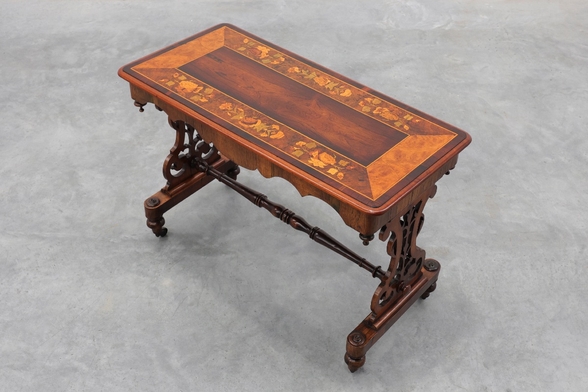 Victorian Walnut Side Table With Inlaid Top And Pierced Scroll Ends, England, Circa 1870-photo-4