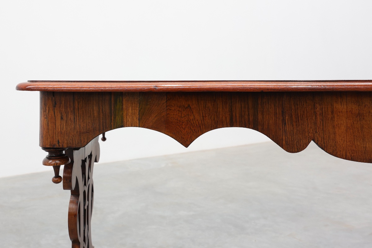 Victorian Walnut Side Table With Inlaid Top And Pierced Scroll Ends, England, Circa 1870-photo-1