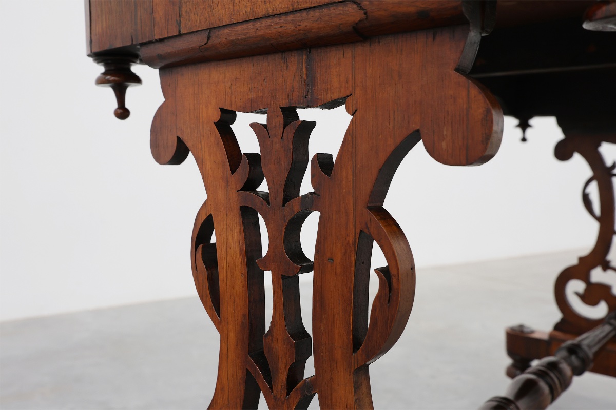 Victorian Walnut Side Table With Inlaid Top And Pierced Scroll Ends, England, Circa 1870-photo-2