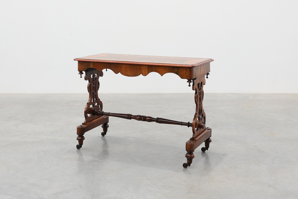 Victorian Walnut Side Table With Inlaid Top And Pierced Scroll Ends, England, Circa 1870-photo-3