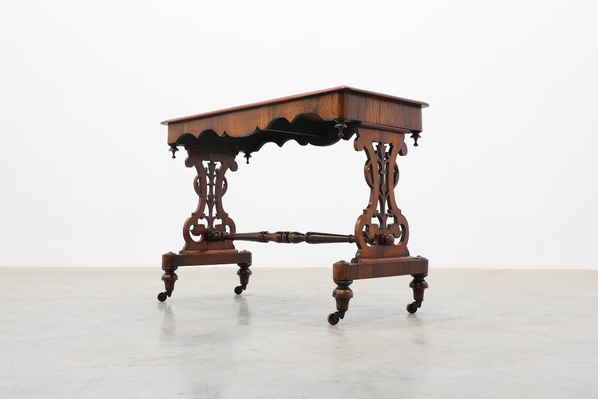 Victorian Walnut Side Table With Inlaid Top And Pierced Scroll Ends, England, Circa 1870-photo-8