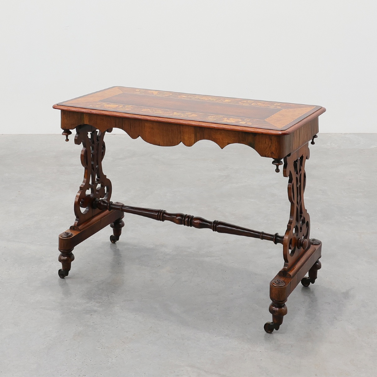 Victorian Walnut Side Table With Inlaid Top And Pierced Scroll Ends, England, Circa 1870