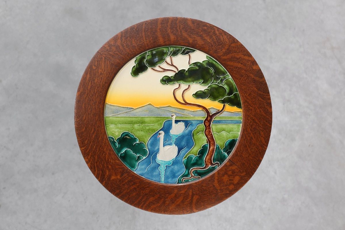 Art Nouveau Side Table With Swan Tile Top, Belgium, Circa 1920-photo-3