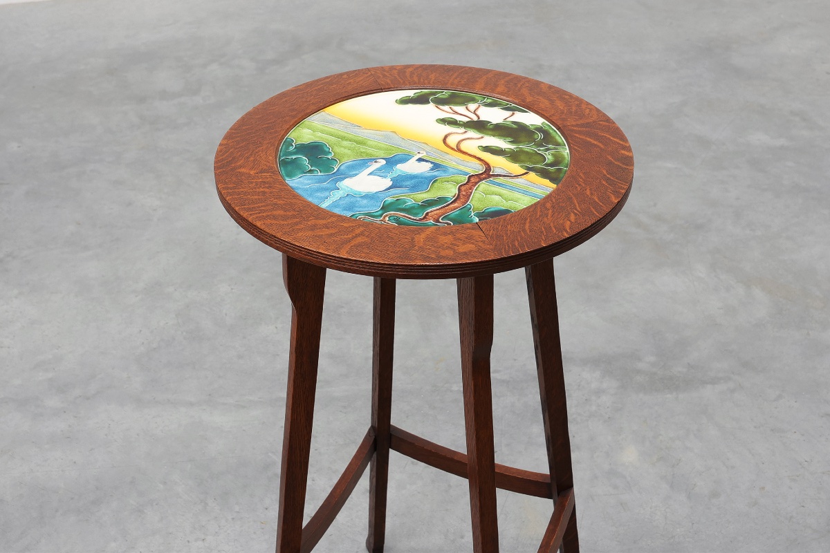 Art Nouveau Side Table With Swan Tile Top, Belgium, Circa 1920-photo-2