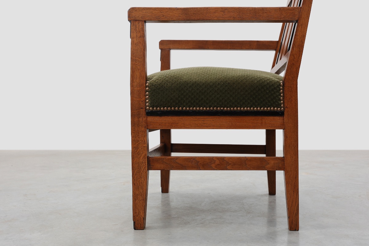 Amsterdamse School Oak Armchair With Green Velvet Seat, Netherlands, 1920s-photo-4