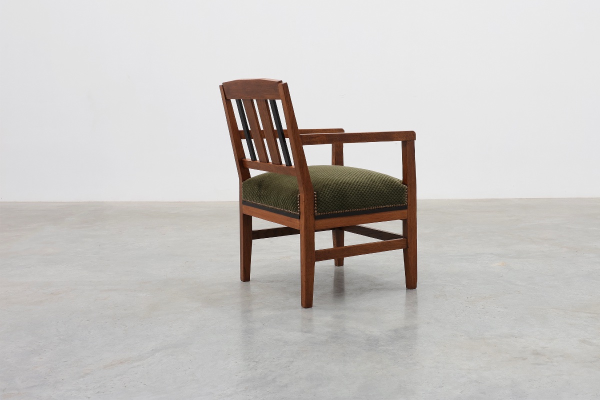Amsterdamse School Oak Armchair With Green Velvet Seat, Netherlands, 1920s-photo-6