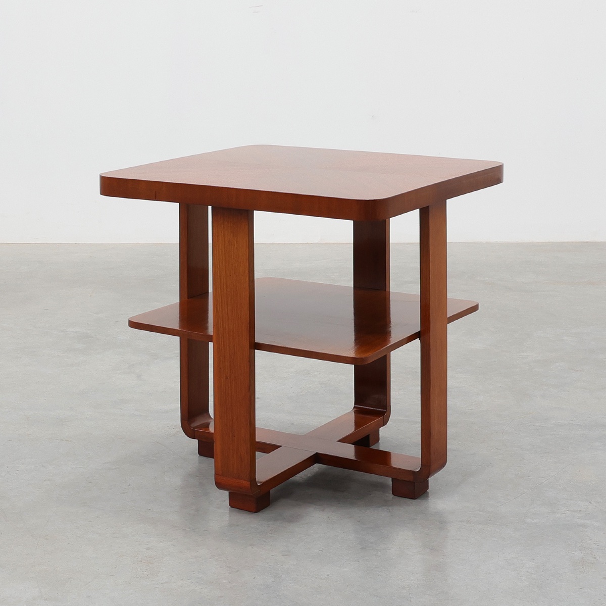 Art Deco Walnut Veneer Side Table With Shelf, Belgium, 1920s