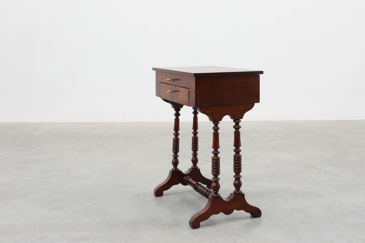 Louis Philippe Side Table With Two Drawers And Turned Twin Legs, France, 1850s-photo-5