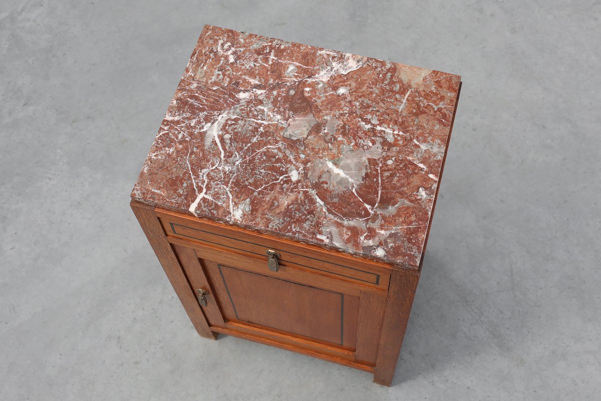 Art Deco Oak Nightstand With Black Line Inlay And Red Marble Top, 1920-photo-8