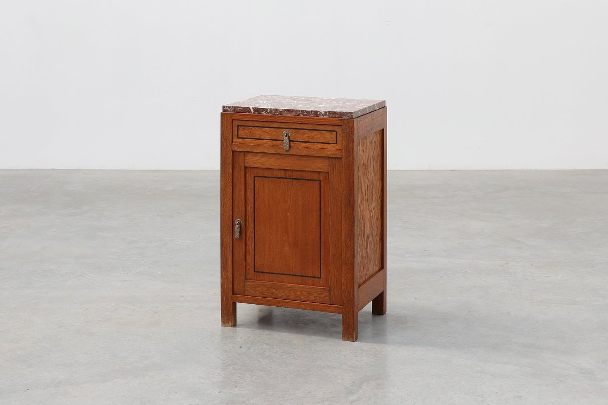 Art Deco Oak Nightstand With Black Line Inlay And Red Marble Top, 1920
