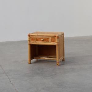 Commode ou table de chevet italienne des années 1970 en bambou et osier