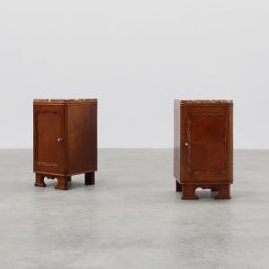 Pair Of Art Deco Oak Bedside Tables With Marble Tops, France Circa 1925