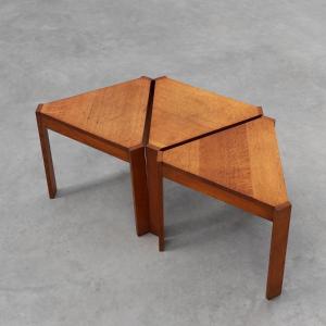Set Of 3 Stackable Or Modular Triangular Oak Tables, France, Circa 1960