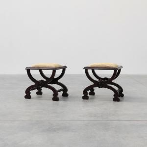 Paire de tabourets néoclassiques à base circulaire en X, France 1900s
