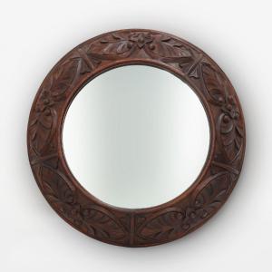 Large Rustic Oak Wall Mirror With Floral Carvings, France, 1900s