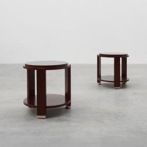Paire de deux tables d'appoint rondes en bois et métal, Belgique, vers 1980