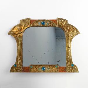 Art Nouveau Mirror In Brass And Glass Marquetry, Signed Ah Villaket, France Circa 1910