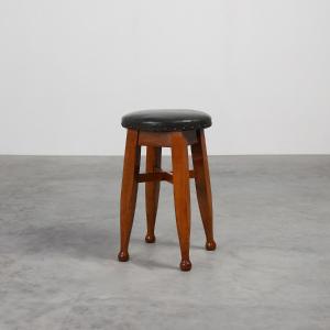 Oak And Leather Stool, Early Art Deco & Arts And Crafts Style, France, 1920s