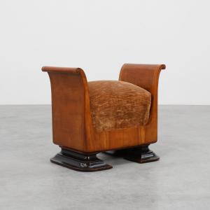 Art Deco Walnut Stool With Original Velvet Upholstery, Italy Circa 1920