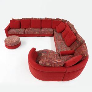 Canapé modulaire rouge et tissu à motifs de Roche Bobois, France, années 1980
