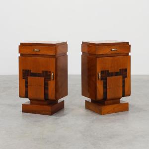 Ensemble de deux tables de chevet géométriques Art déco en bois, Italie, années 1920