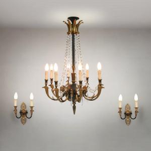 Large Empire Bronze Chandelier With 2 Wall Sconces, Belgium, 1950s, Set Of 3