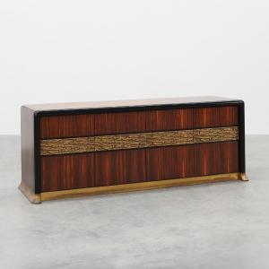 Sculptural Credenza In Wood And Brass In The Brutalist Style By Luciano Frigerio, Italy, 1930s