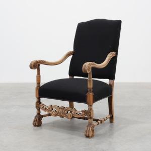 Fauteuil Louis XIII du XIXe siècle en lin noir, France