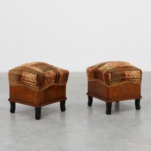 Pair Of Art Deco Walnut Stools With Original Velvet, Italy 1920s