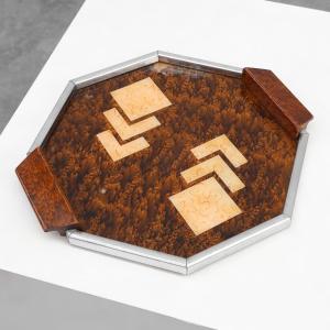 Plateau à whisky Art Déco en métal et bois, Belgique, années 1920
