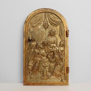 Porte de tabernacle néo-gothique ornée d'une plaque en bronze doré représentant la Cène, France