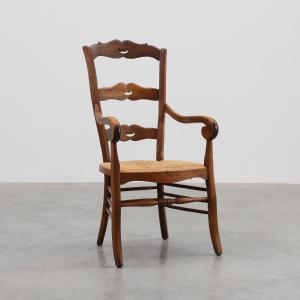 French Provincial Ladder‑back Armchair With Woven Rush Seat, 19th Century
