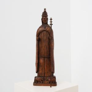 Statuette de saint Corneille en bois sculpté, avec tiare papale et crosse à triple croix, XVIII
