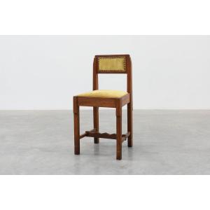 Belgian Art Deco Oak Side Chair, Yellow Upholstery, 1920s