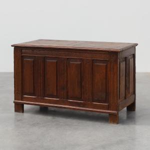 Carved Oak Blanket Chest With Linenfold-style Panels, Flanders, Ca. 17th Century