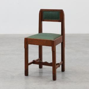 Belgian Art Deco Oak Side Chair With Green Upholstery, Modernist 1920s