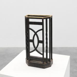 Art Deco Metal Umbrella Stand With Geometric Openwork And Brass Rim, Belgium, 1920s