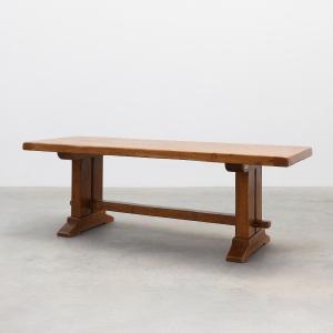 Solid Oak Trestle Table With Pegged Stretcher, France, 20th Century