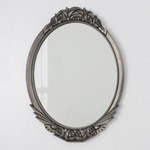 Miroir ovale Art Déco français, années 1920, orné de roses sculptées et d'un cadre argenté.
