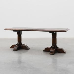 Table de salle à manger en chêne de style réfectoire français, avec piètement double tourné, XX