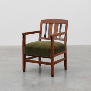 Amsterdamse School Oak Armchair With Green Velvet Seat, Netherlands, 1920s