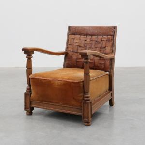 Art Deco Oak Lounge Chair With Woven Leather Back And Ochre Velvet, Belgium, 1920s