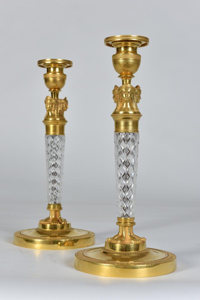 Paire De Bougeoirs d’époque Charles X En Cristal Taillé Et Bronze Doré 