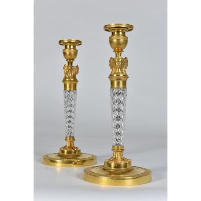 Pair Of Candlesticks, Charles X In Cut Crystal And Gilt Bronze