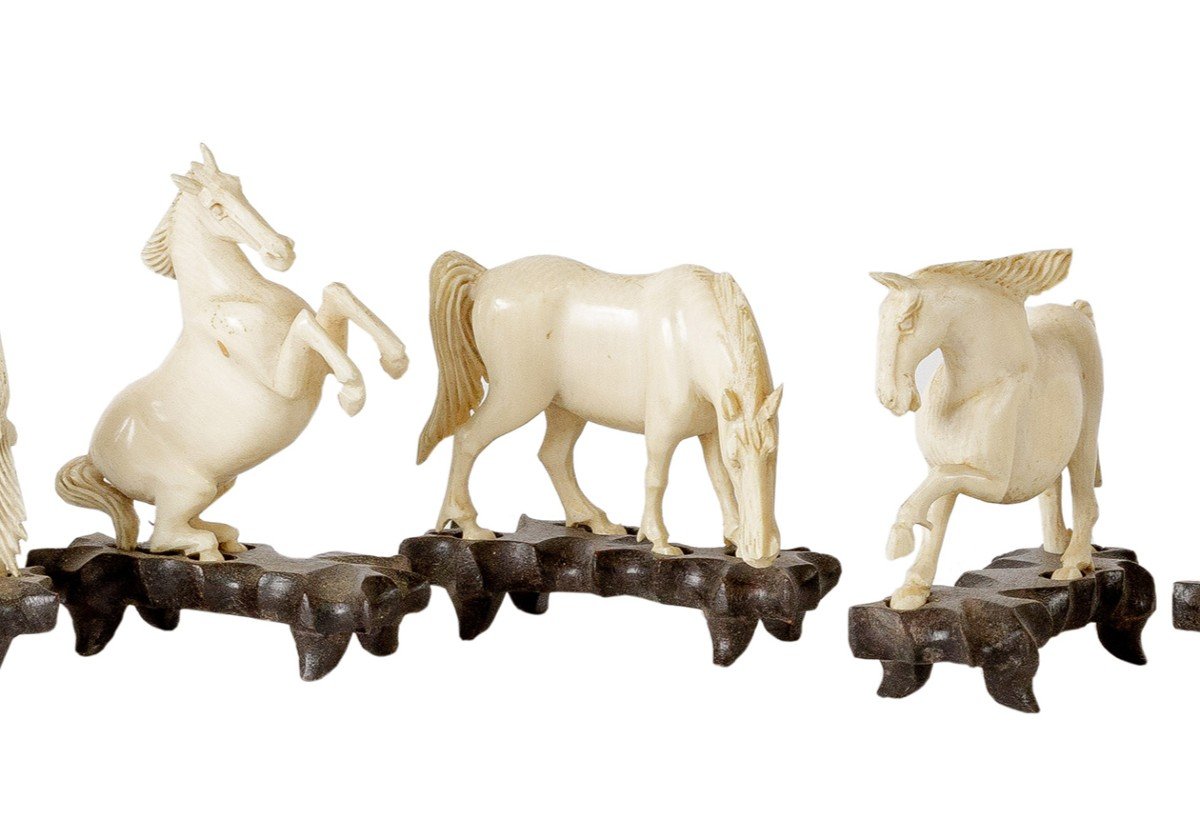 Serie Of 8 Chinese  Ivory Horses Sculptures -photo-3