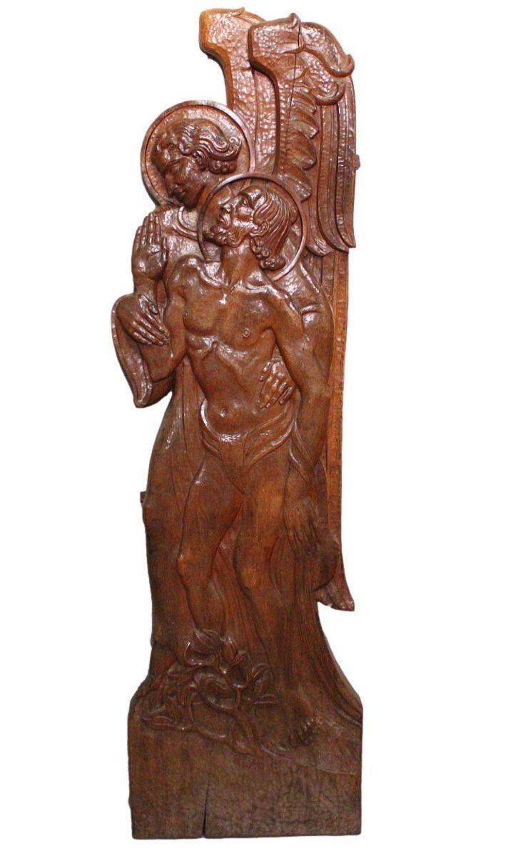Grand sculpture en noyer "Ange et Christ" 19eme -photo-2
